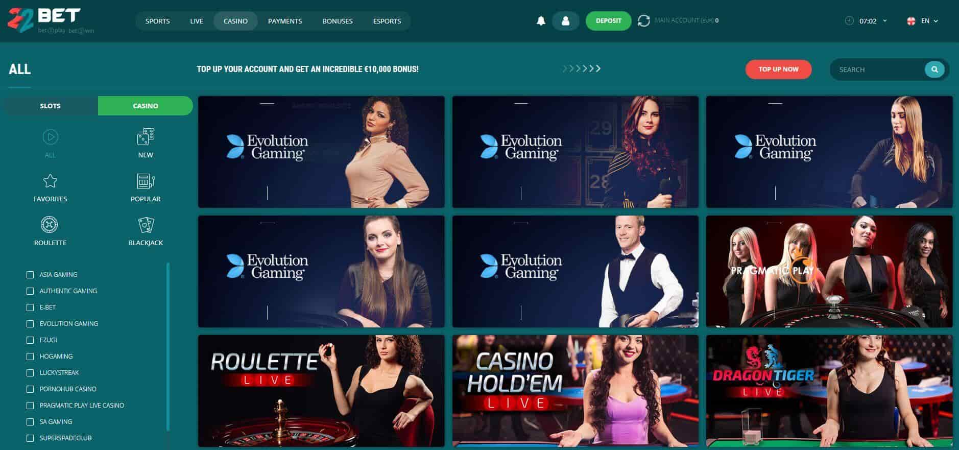 22bet live dealer casino